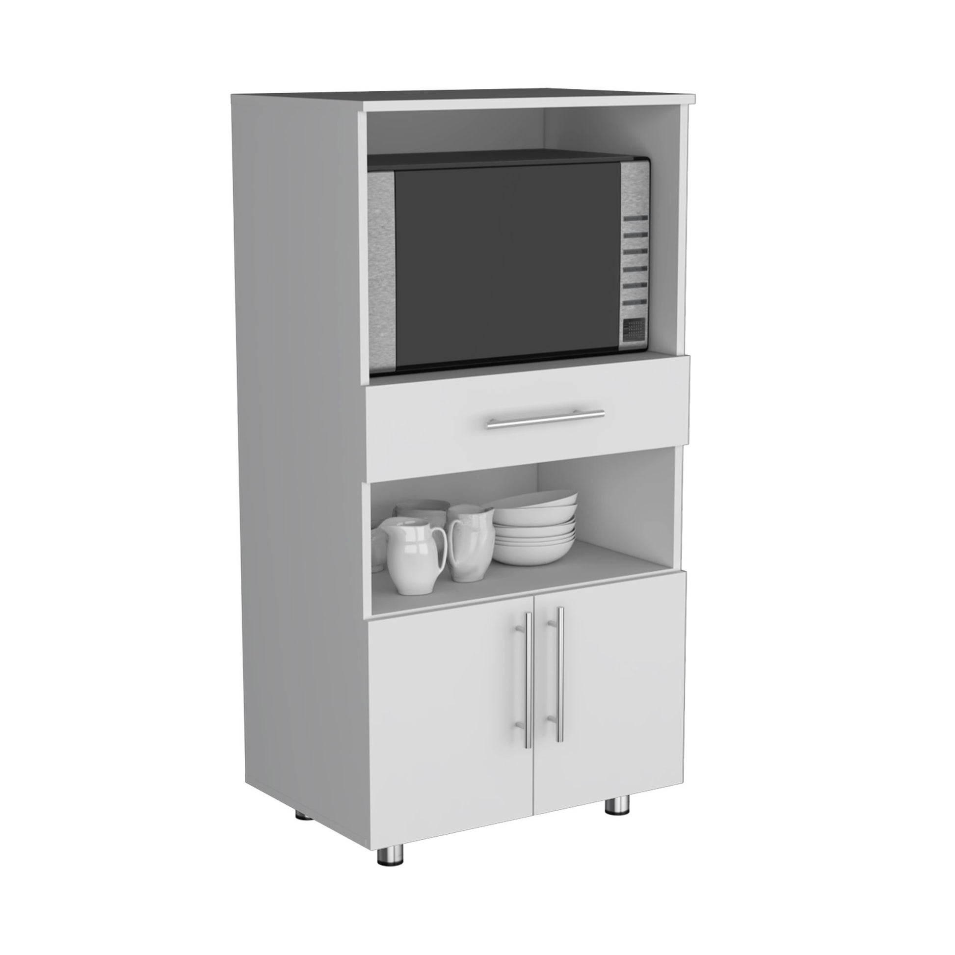 Kitchen Pantry 48" H, Two Open Storage Shelves, One for Microwave, Two Doors, Four Legs, White image 5