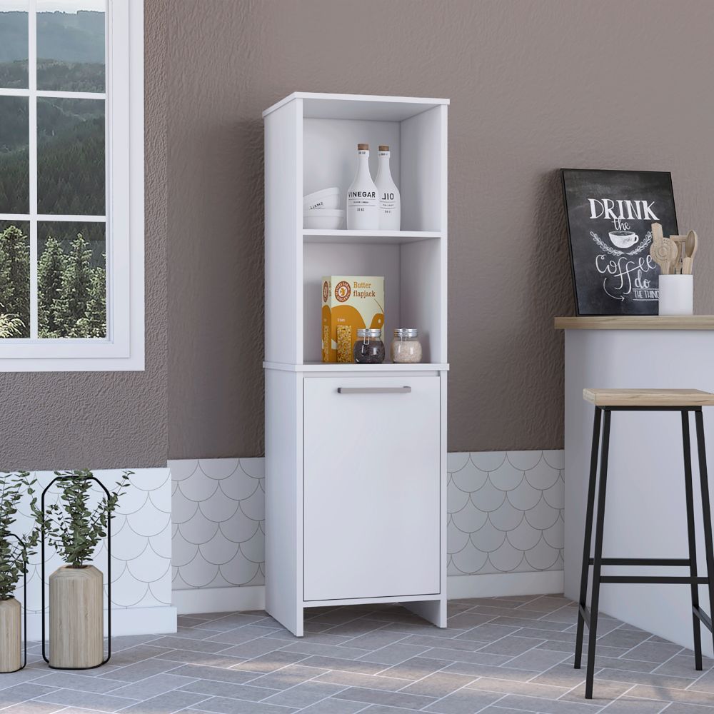 Kitchen Pantry 59" H, Two Open Storage Shelves, Single Door Cabinet, Two Interior Shelves, White image 1