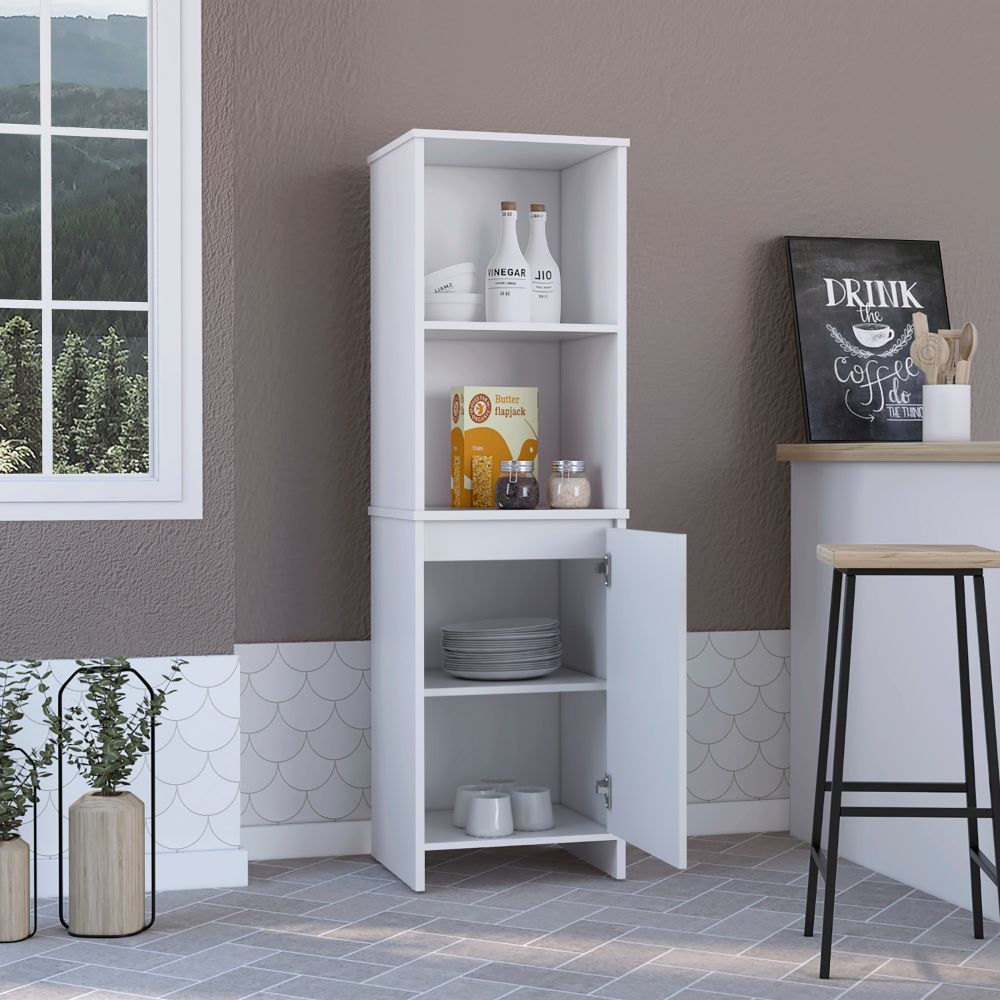 Kitchen Pantry 59" H, Two Open Storage Shelves, Single Door Cabinet, Two Interior Shelves, White image 2