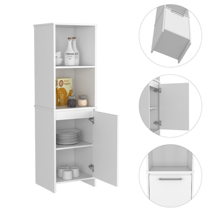 Kitchen Pantry 59" H, Two Open Storage Shelves, Single Door Cabinet, Two Interior Shelves, White image 4