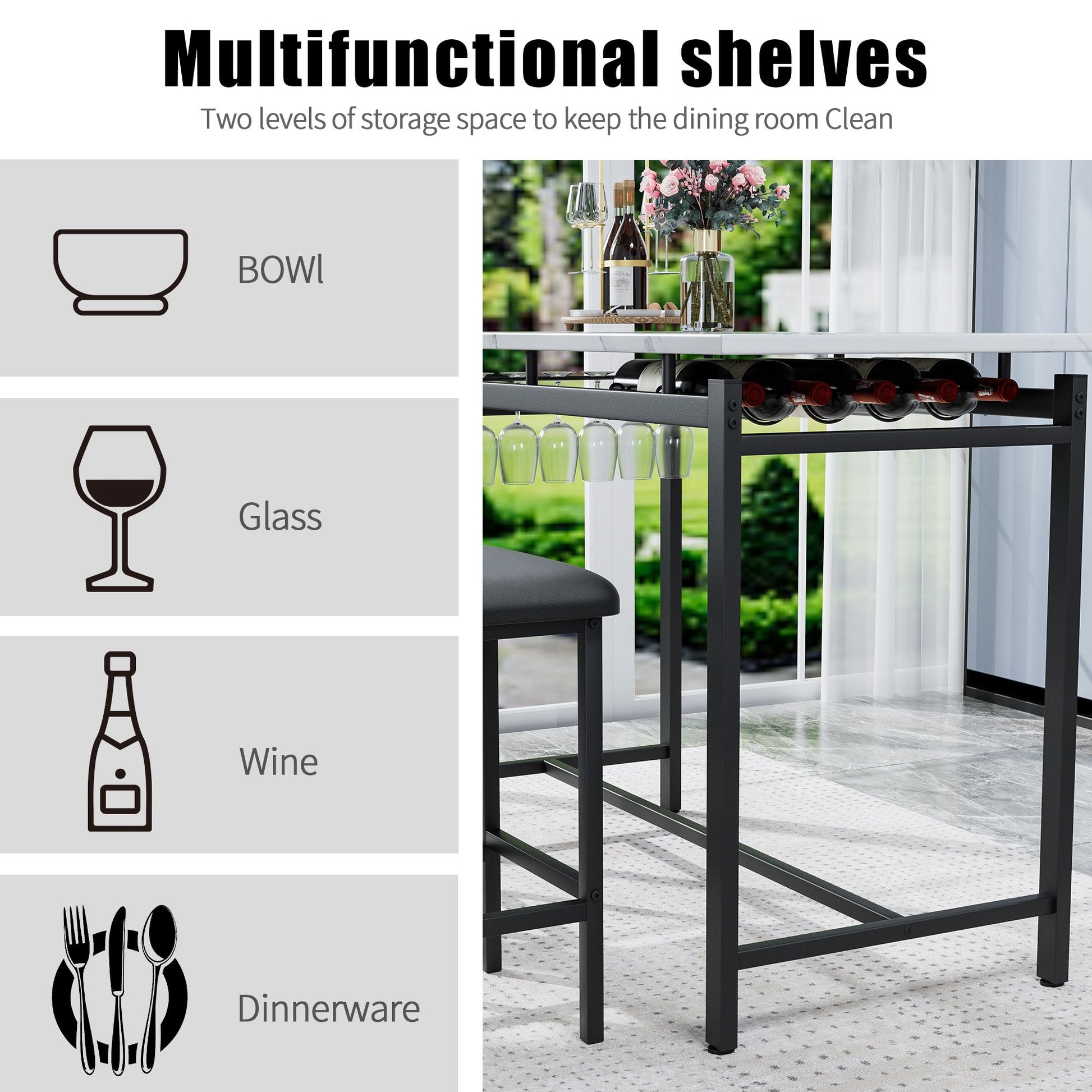 Kitchen Table Set, Dining Table and Chairs for 2, 3 Piece Dining Room Table Set with 2 Upholstered Chairs, Bar Dining Ta image 9