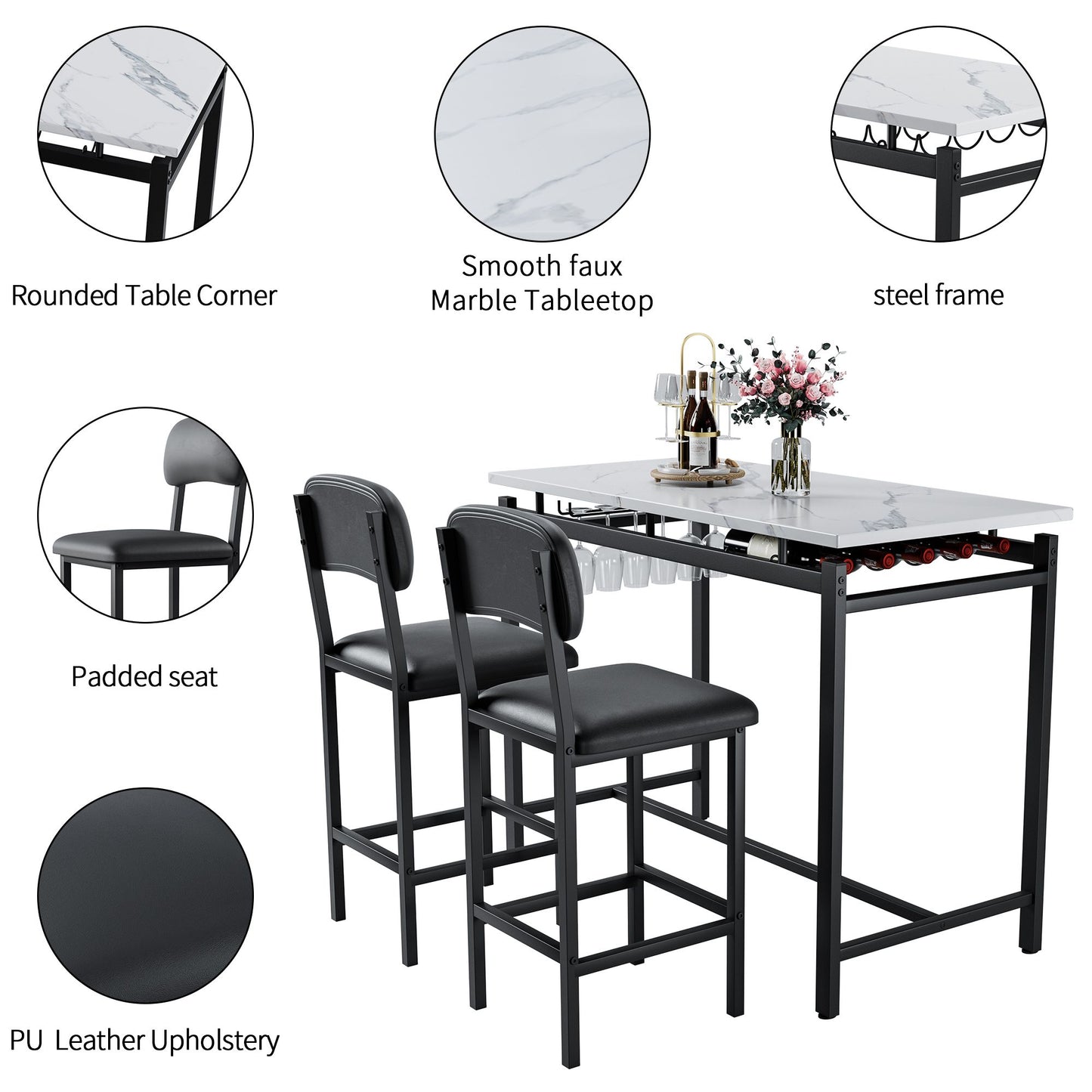 Kitchen Table Set, Dining Table and Chairs for 2, 3 Piece Dining Room Table Set with 2 Upholstered Chairs, Bar Dining Ta image 10