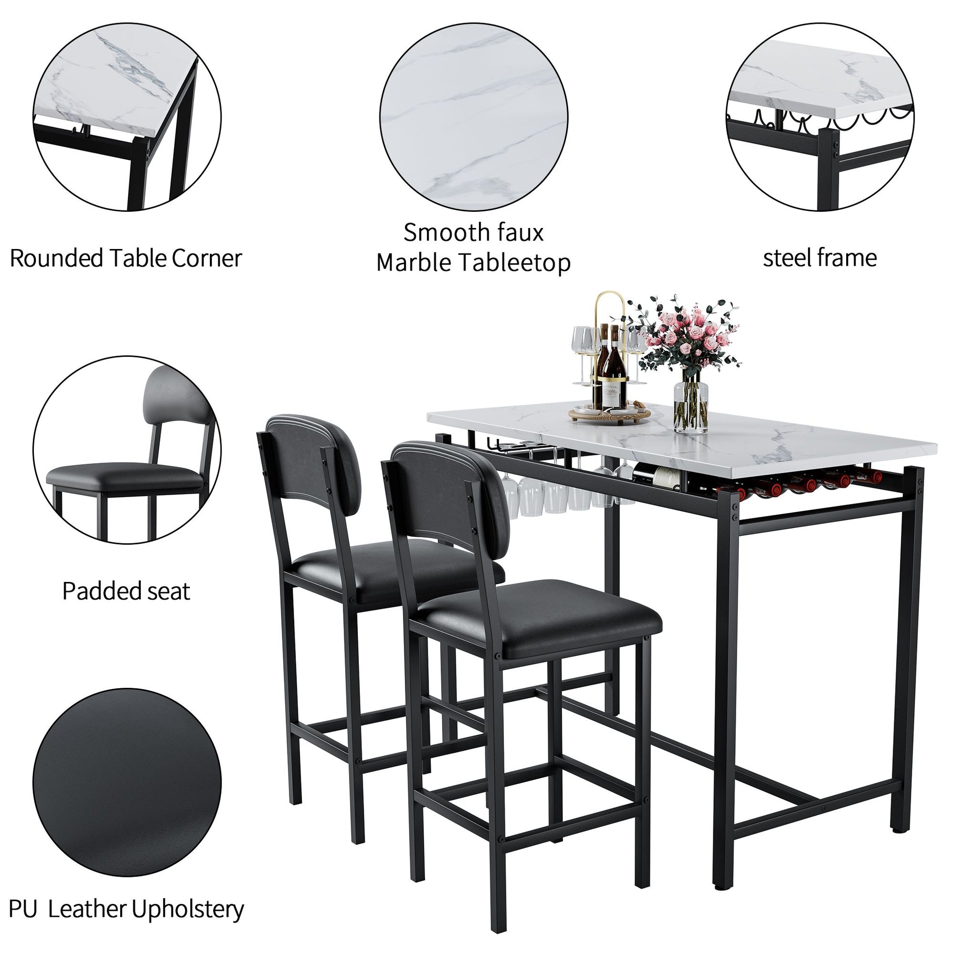 Kitchen Table Set, Dining Table and Chairs for 2, 3 Piece Dining Room Table Set with 2 Upholstered Chairs, Bar Dining Ta image 10