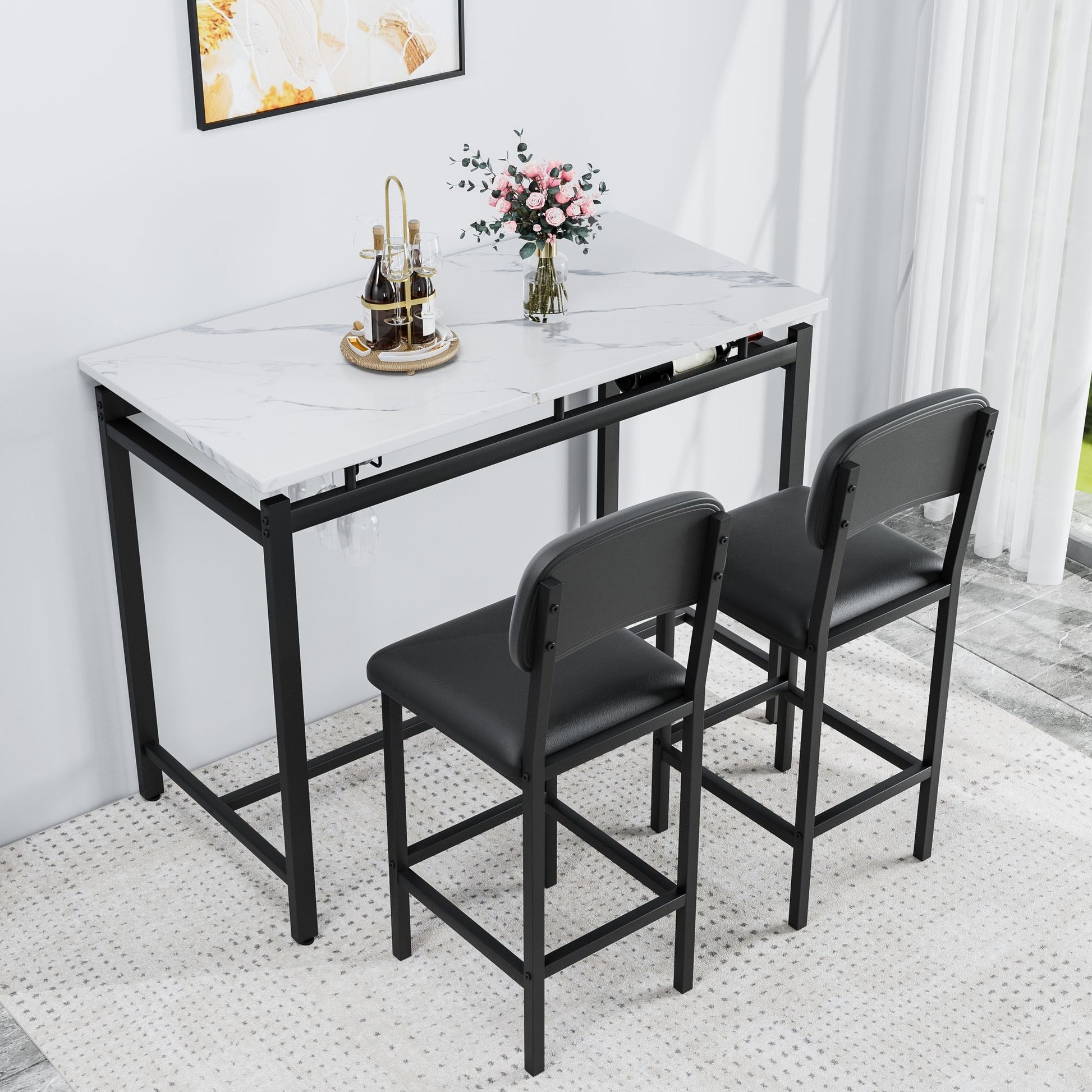 Kitchen Table Set, Dining Table and Chairs for 2, 3 Piece Dining Room Table Set with 2 Upholstered Chairs, Bar Dining Ta image 4