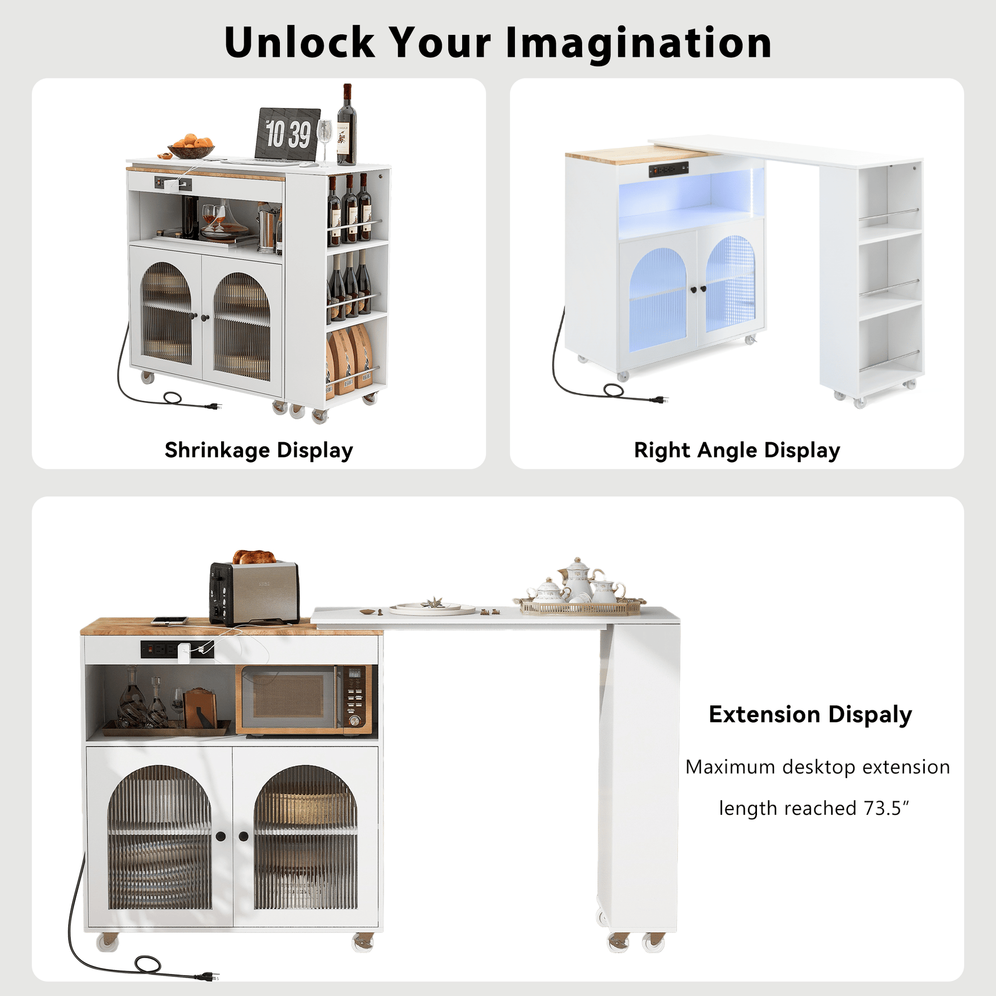 K&K Rolling Kitchen Island With Extended Table, Kitchen island on Wheels with LED Lights,Power Outlets and 2 Fluted Glas image 8