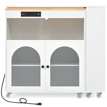 K&K Rolling Kitchen Island With Extended Table, Kitchen island on Wheels with LED Lights,Power Outlets and 2 Fluted Glas image 15