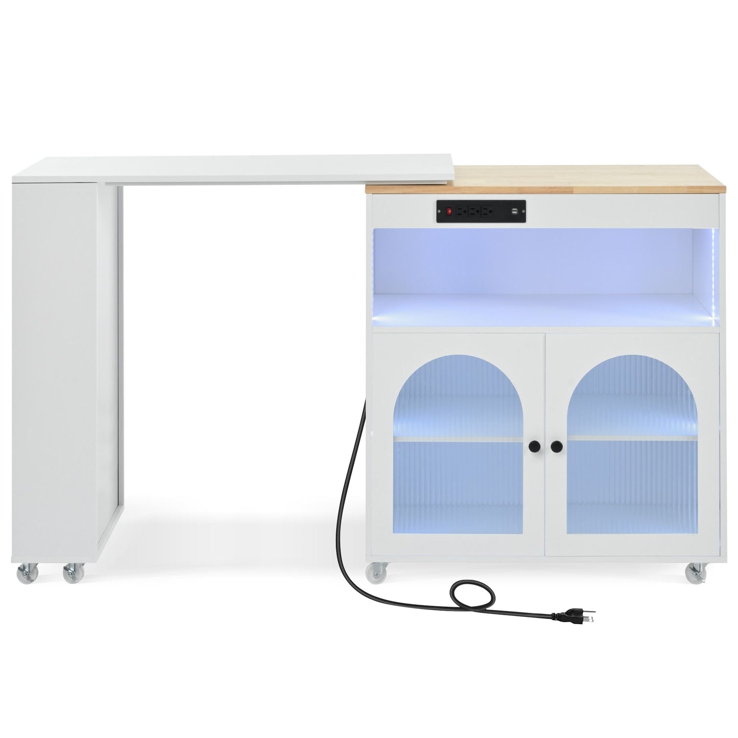 K&K Rolling Kitchen Island With Extended Table, Kitchen island on Wheels with LED Lights,Power Outlets and 2 Fluted Glas image 18
