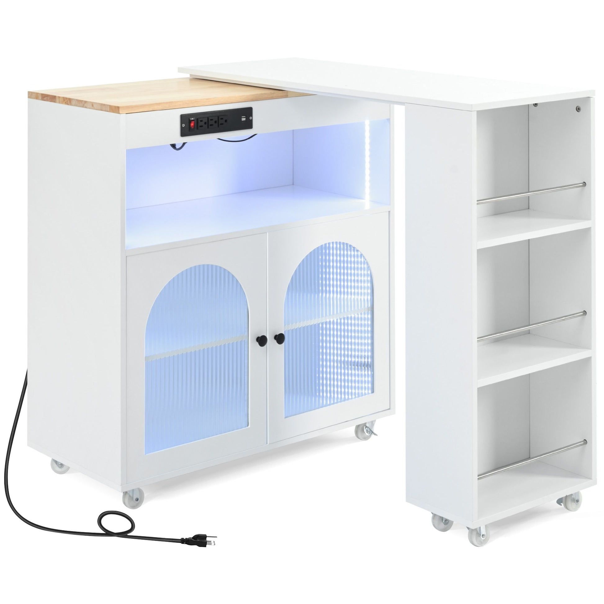 K&K Rolling Kitchen Island With Extended Table, Kitchen island on Wheels with LED Lights,Power Outlets and 2 Fluted Glas image 17