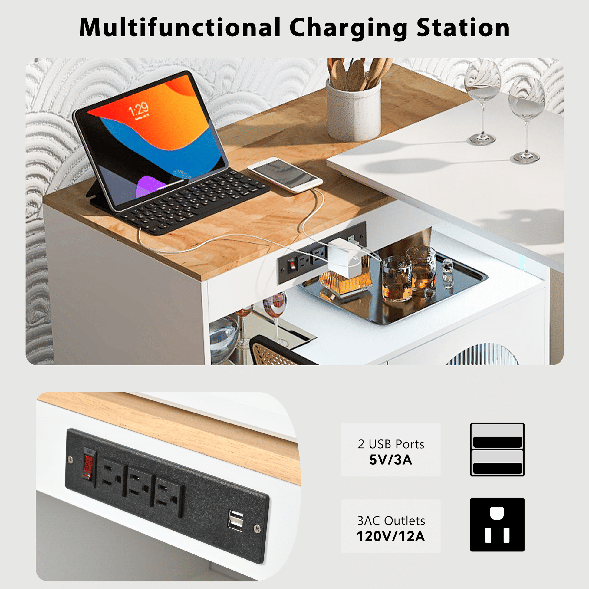 K&K Rolling Kitchen Island With Extended Table, Kitchen island on Wheels with LED Lights,Power Outlets and 2 Fluted Glas image 10