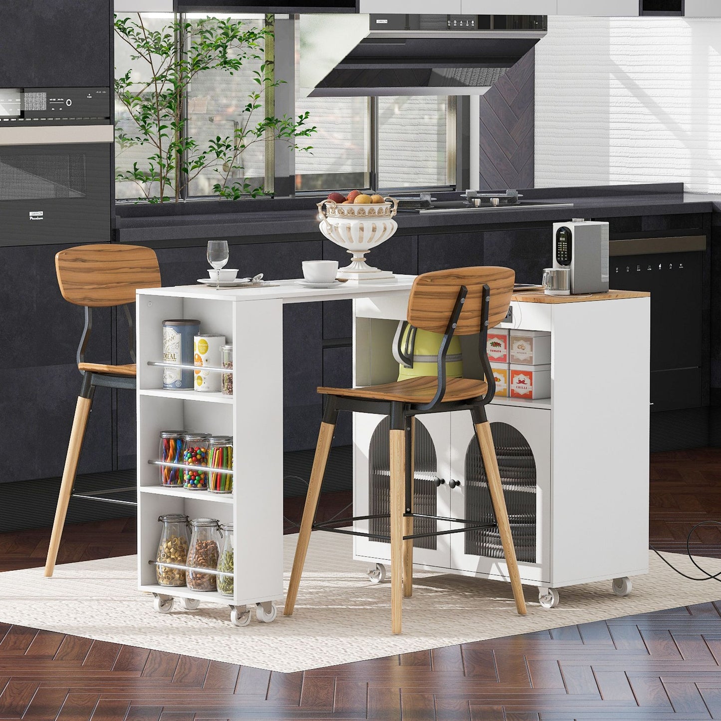 K&K Rolling Kitchen Island With Extended Table, Kitchen island on Wheels with LED Lights,Power Outlets and 2 Fluted Glas image 6