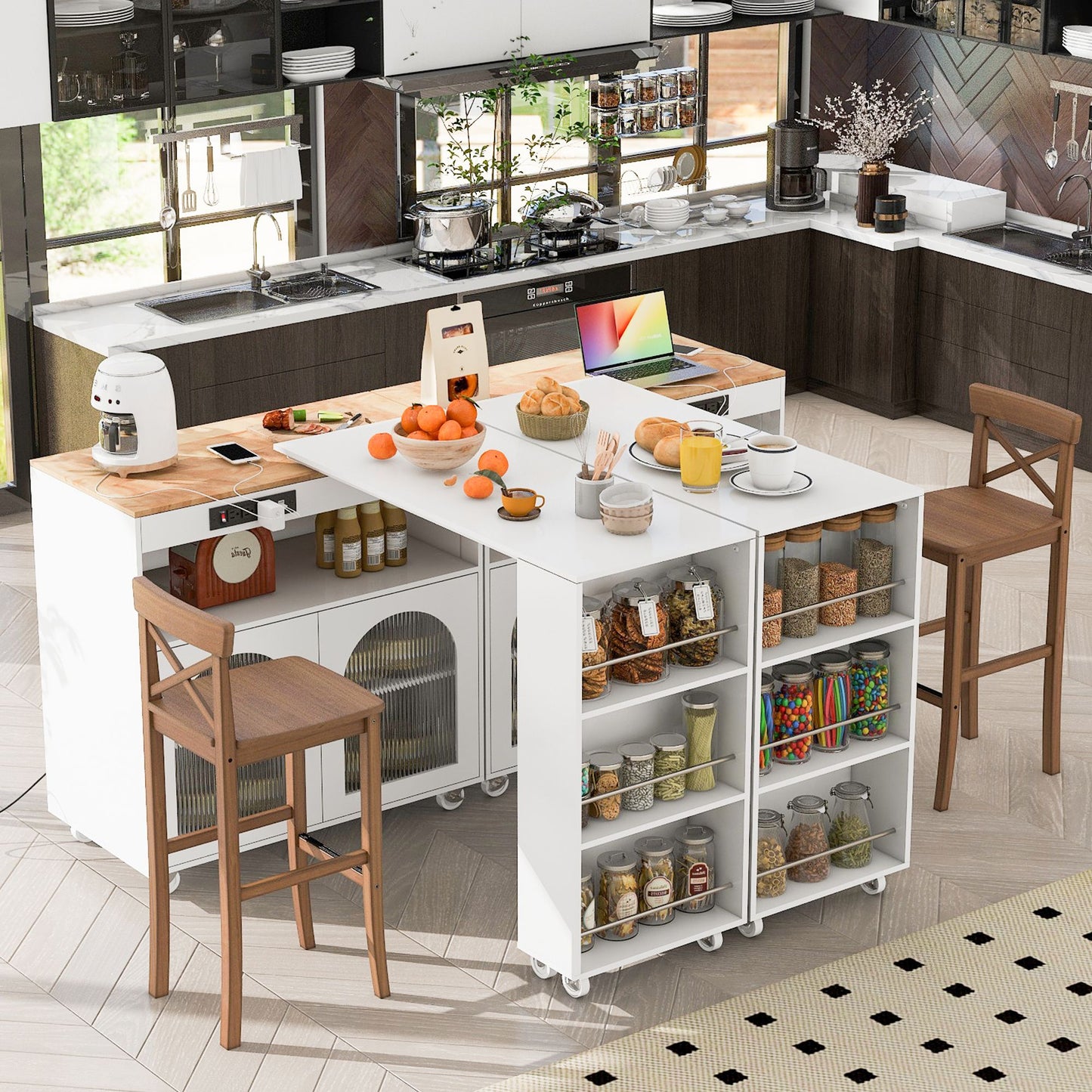 K&K Rolling Kitchen Island With Extended Table, Kitchen island on Wheels with LED Lights,Power Outlets and 2 Fluted Glas image 4