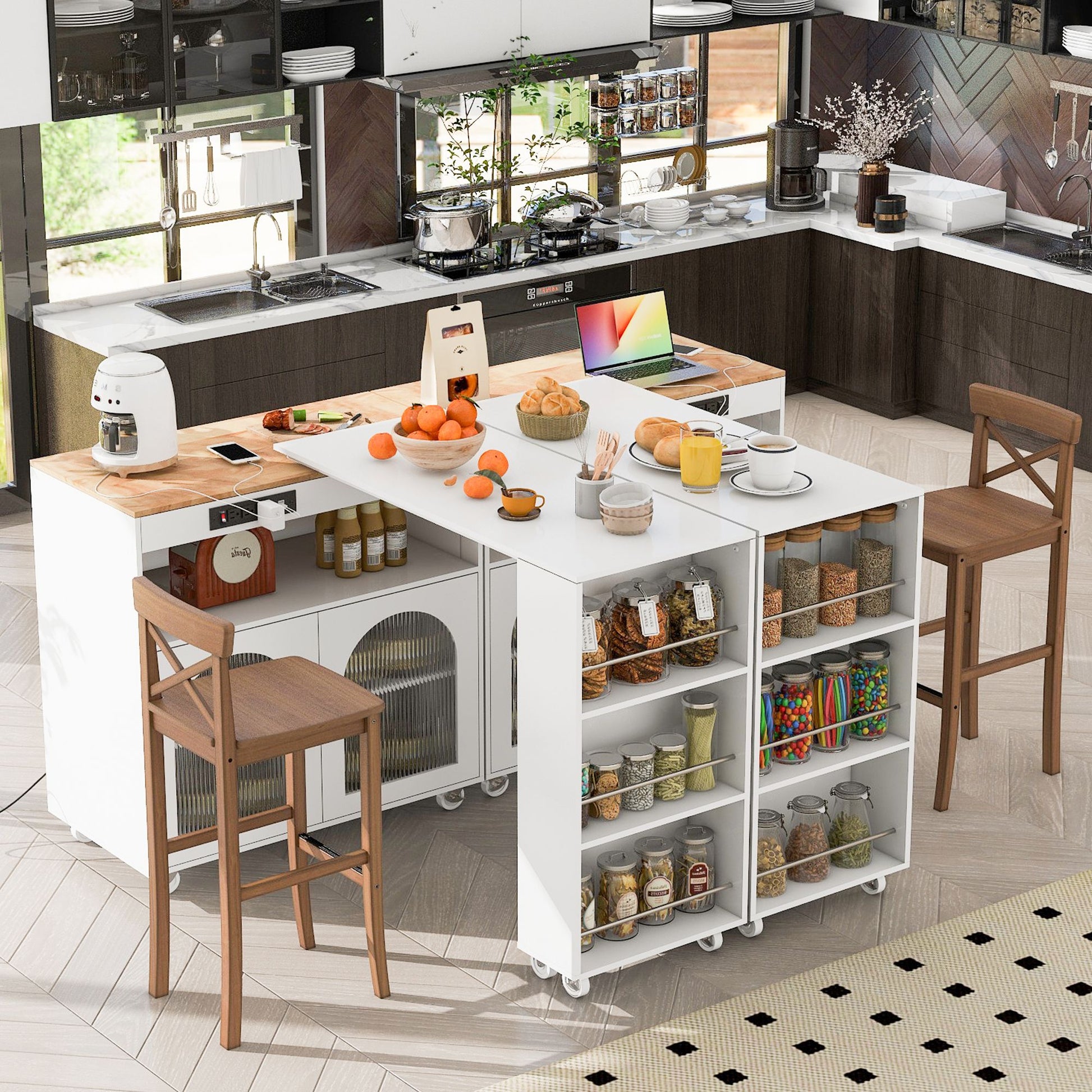 K&K Rolling Kitchen Island With Extended Table, Kitchen island on Wheels with LED Lights,Power Outlets and 2 Fluted Glas image 4