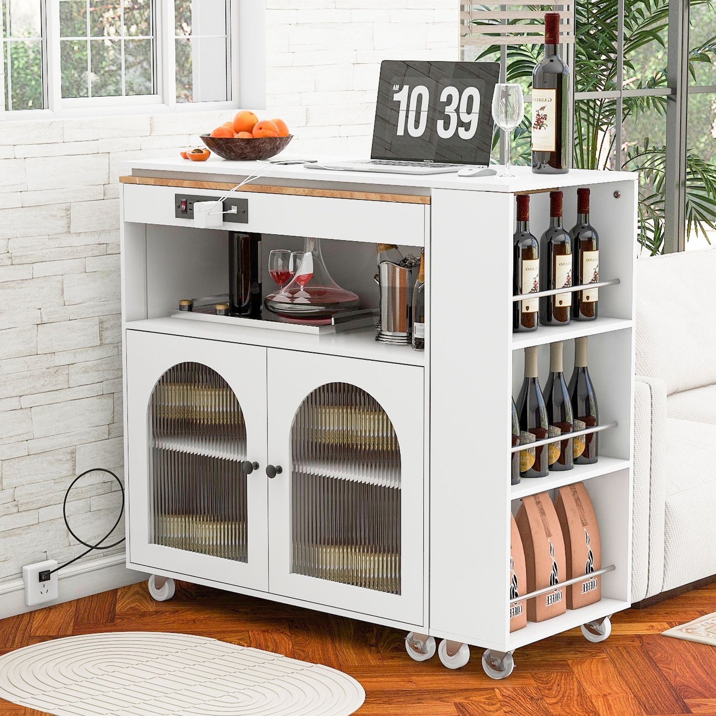 K&K Rolling Kitchen Island With Extended Table, Kitchen island on Wheels with LED Lights,Power Outlets and 2 Fluted Glas image 7