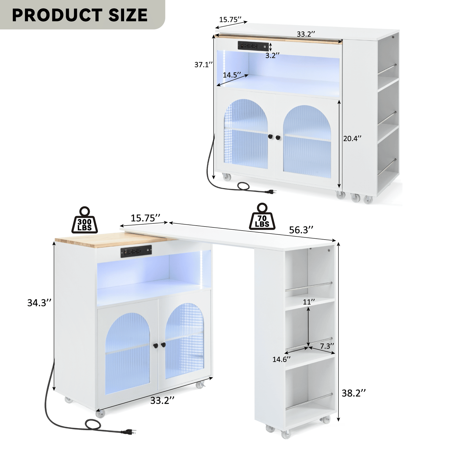 K&K Rolling Kitchen Island With Extended Table, Kitchen island on Wheels with LED Lights,Power Outlets and 2 Fluted Glas image 13