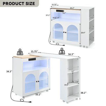 K&K Rolling Kitchen Island With Extended Table, Kitchen island on Wheels with LED Lights,Power Outlets and 2 Fluted Glas image 13