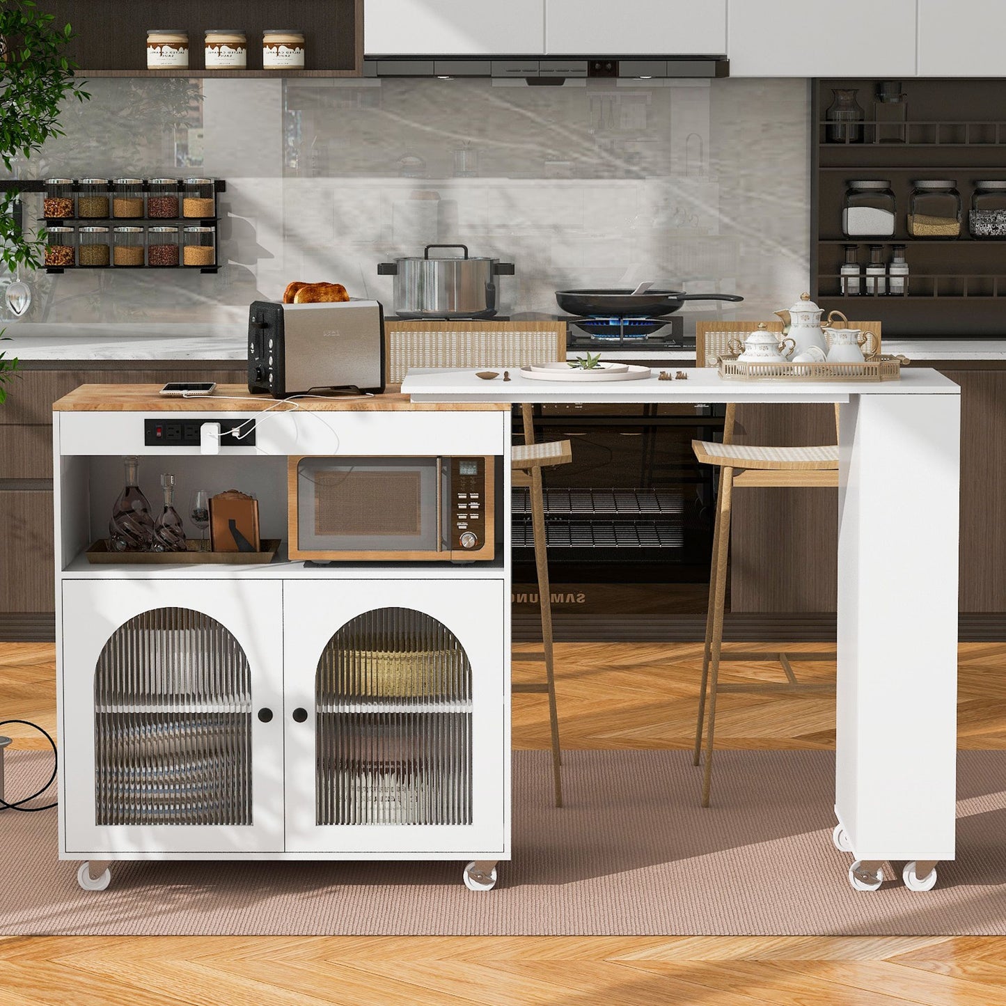 K&K Rolling Kitchen Island With Extended Table, Kitchen island on Wheels with LED Lights,Power Outlets and 2 Fluted Glas image 3
