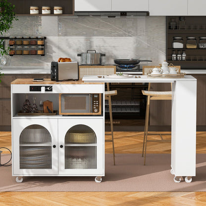K&K Rolling Kitchen Island With Extended Table, Kitchen island on Wheels with LED Lights,Power Outlets and 2 Fluted Glas image 3