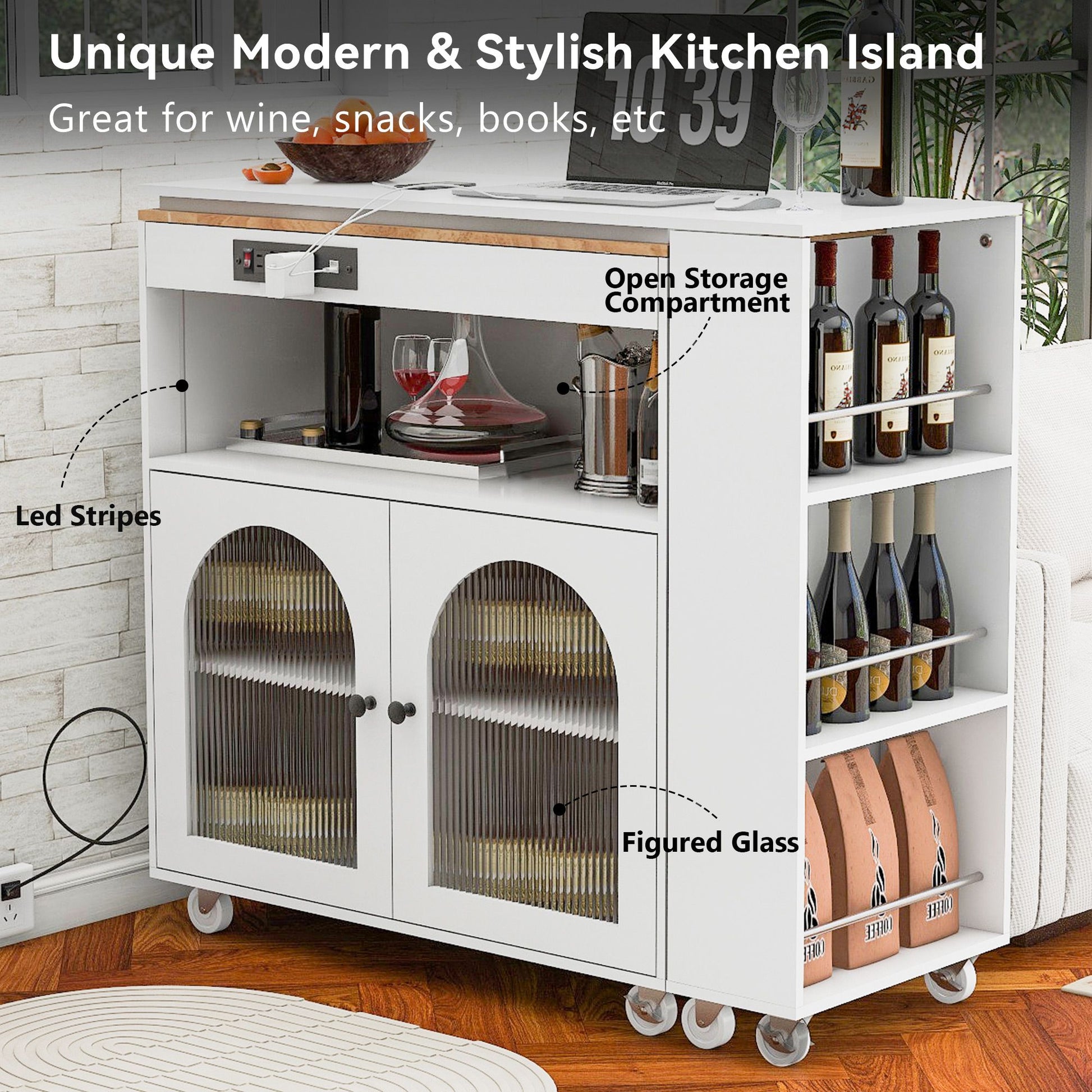 K&K Rolling Kitchen Island With Extended Table, Kitchen island on Wheels with LED Lights,Power Outlets and 2 Fluted Glas image 11