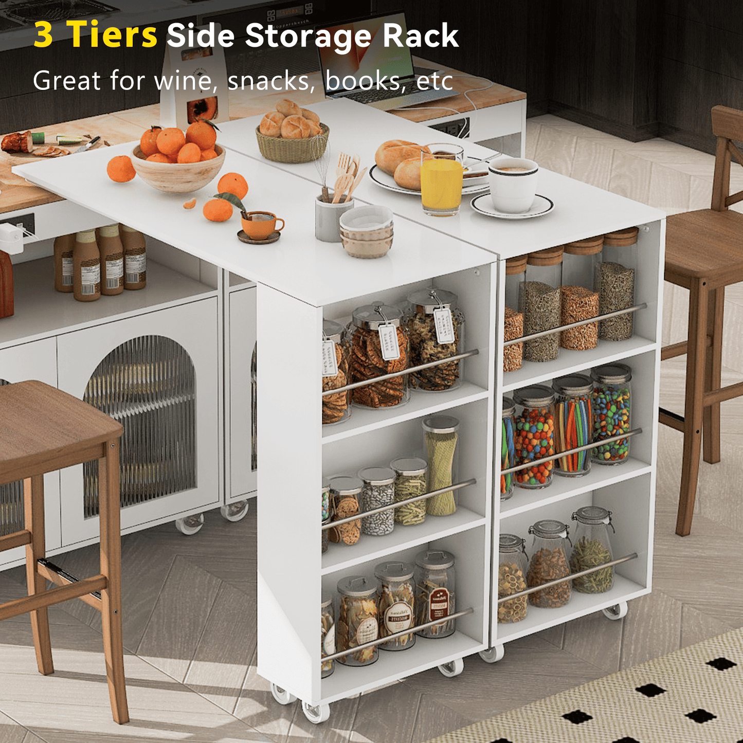 K&K Rolling Kitchen Island With Extended Table, Kitchen island on Wheels with LED Lights,Power Outlets and 2 Fluted Glas image 9