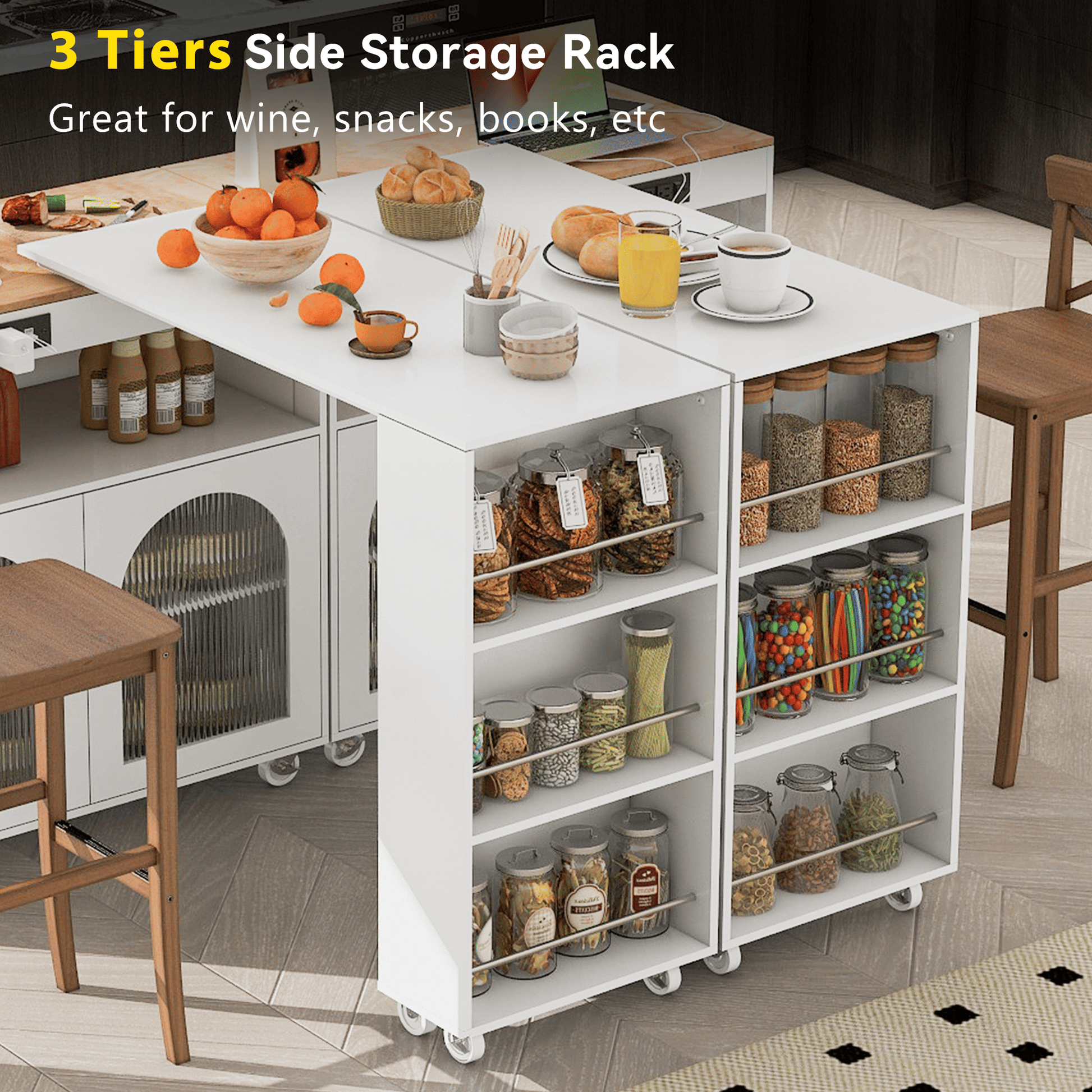 K&K Rolling Kitchen Island With Extended Table, Kitchen island on Wheels with LED Lights,Power Outlets and 2 Fluted Glas image 9