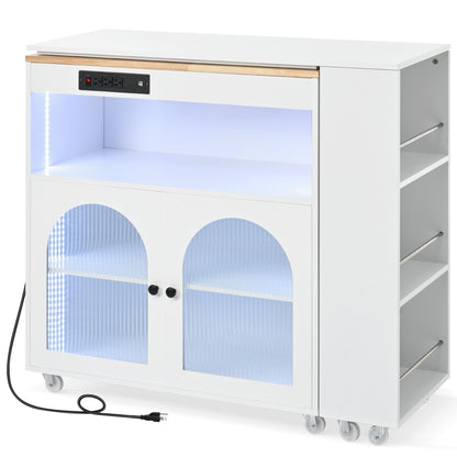 K&K Rolling Kitchen Island With Extended Table, Kitchen island on Wheels with LED Lights,Power Outlets and 2 Fluted Glas image 16