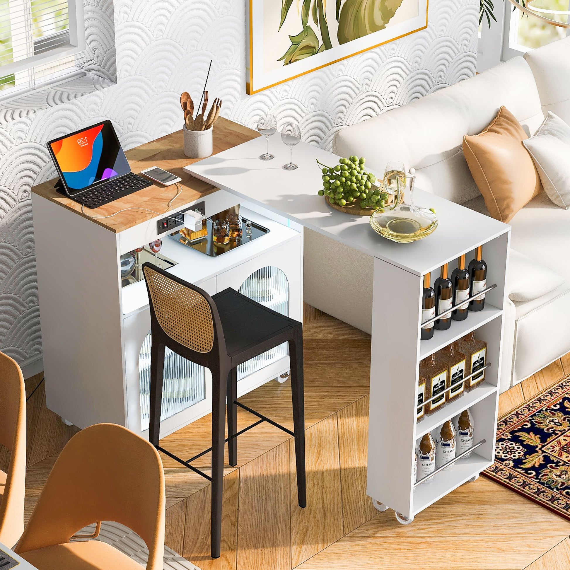 K&K Rolling Kitchen Island With Extended Table, Kitchen island on Wheels with LED Lights,Power Outlets and 2 Fluted Glas image 5