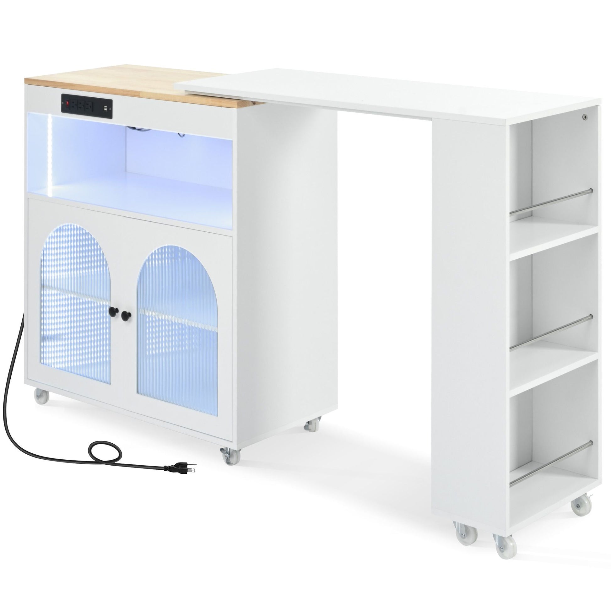 K&K Rolling Kitchen Island With Extended Table, Kitchen island on Wheels with LED Lights,Power Outlets and 2 Fluted Glas image 19