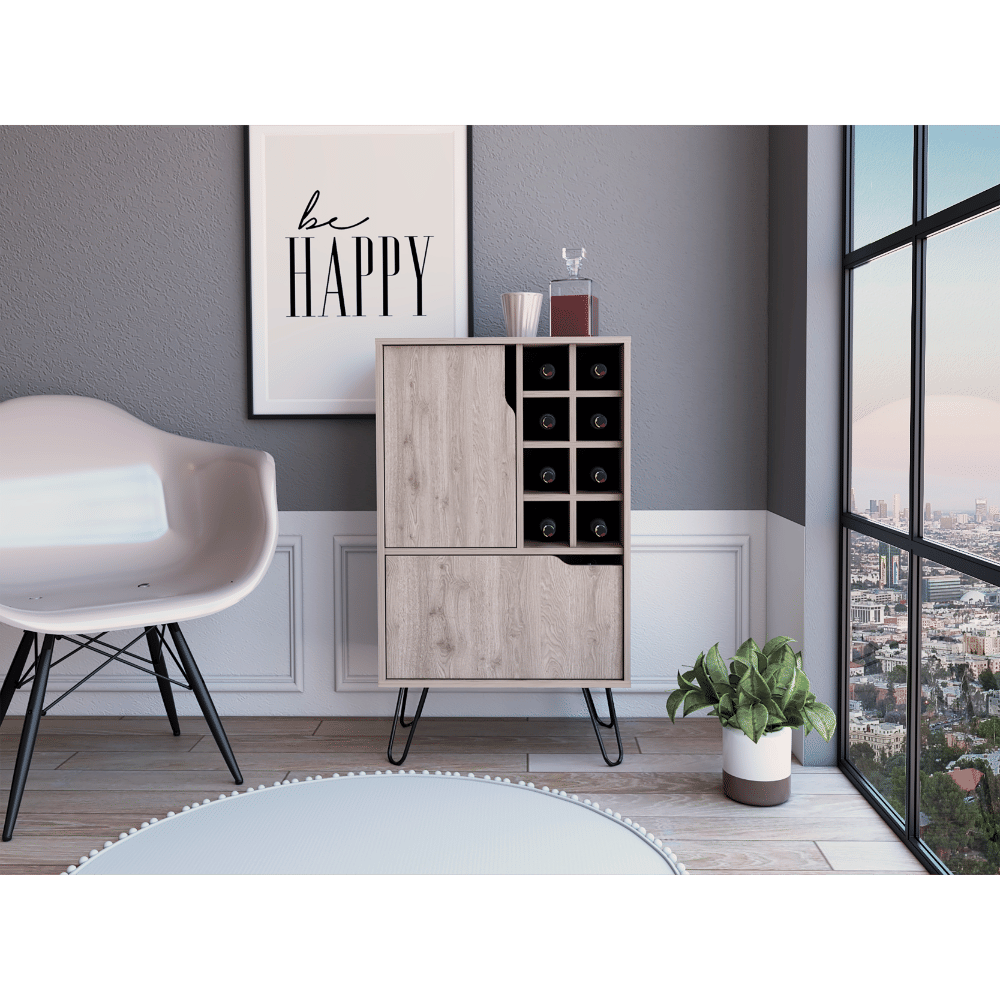 L Bar Single Door Cabinet, Eight Built-in Wine Rack, Four Legs, Light Gray image 1