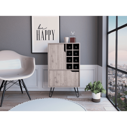 L Bar Single Door Cabinet with Eight Built-in Wine Rack, Light Gray - Front View
