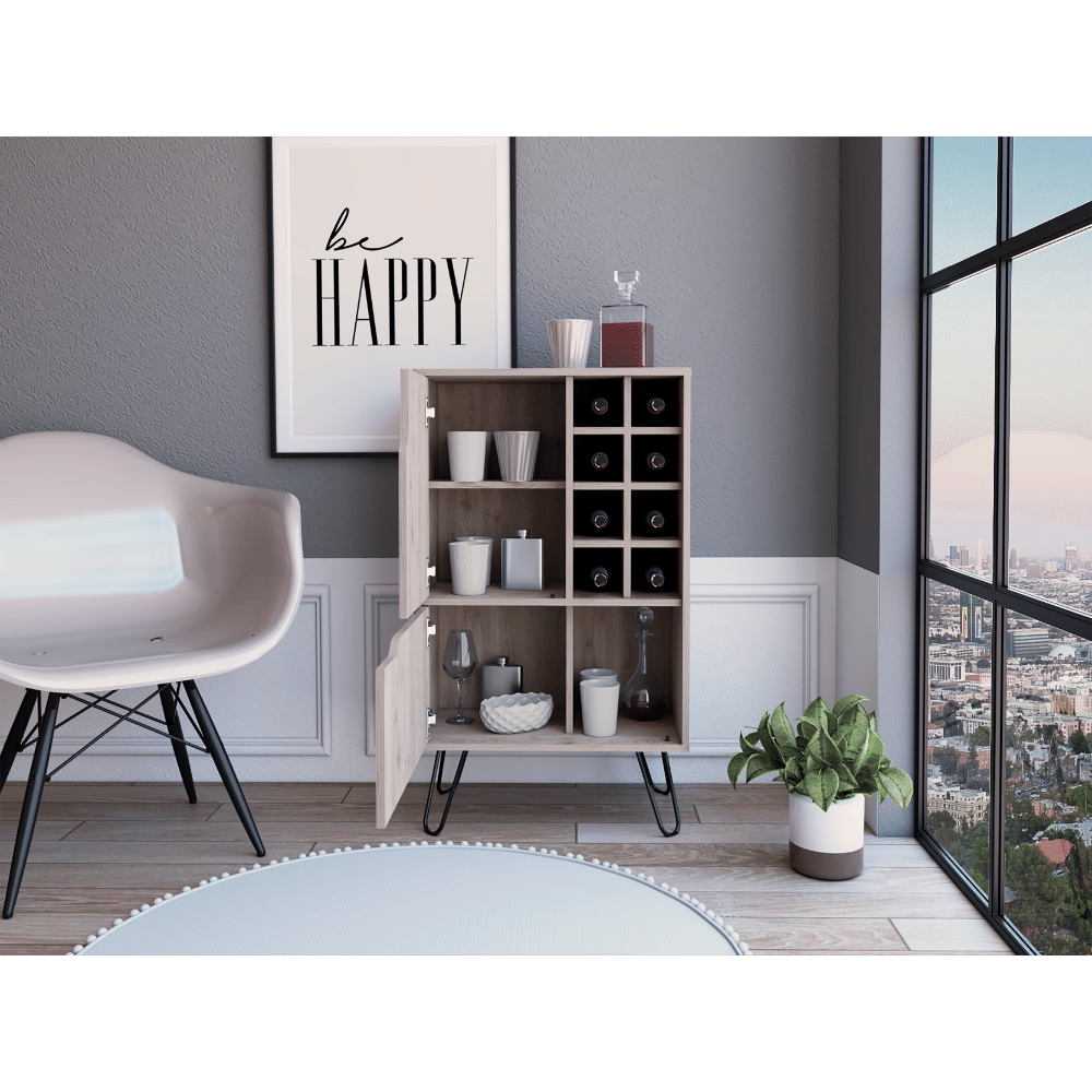 L Bar Single Door Cabinet, Eight Built-in Wine Rack, Four Legs, Light Gray image 2