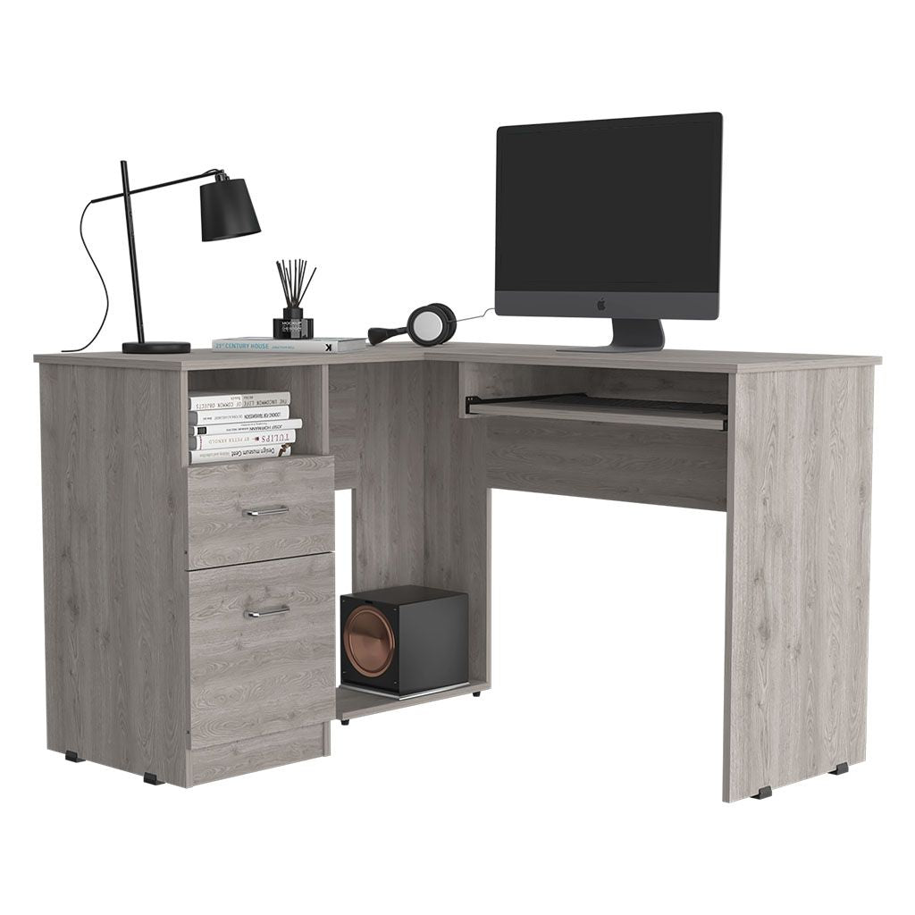 L-Shaped Desk, Keyboard Tray, Two Drawers, One Open Shelf, Light Gray image 5