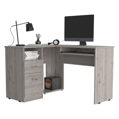 L-Shaped Desk, Keyboard Tray, Two Drawers, One Open Shelf, Light Gray image 5