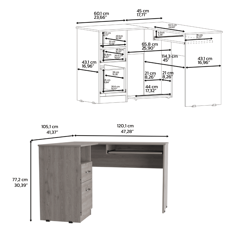 L-Shaped Desk, Keyboard Tray, Two Drawers, One Open Shelf, Light Gray image 6