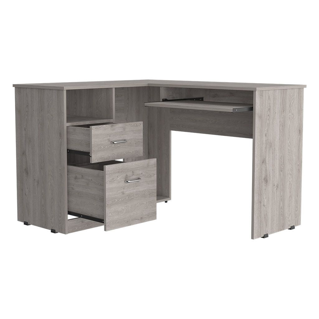 L-Shaped Desk, Keyboard Tray, Two Drawers, One Open Shelf, Light Gray image 4