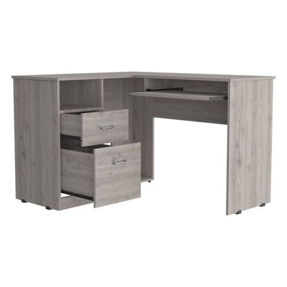 L-Shaped Desk, Keyboard Tray, Two Drawers, One Open Shelf, Light Gray image 4