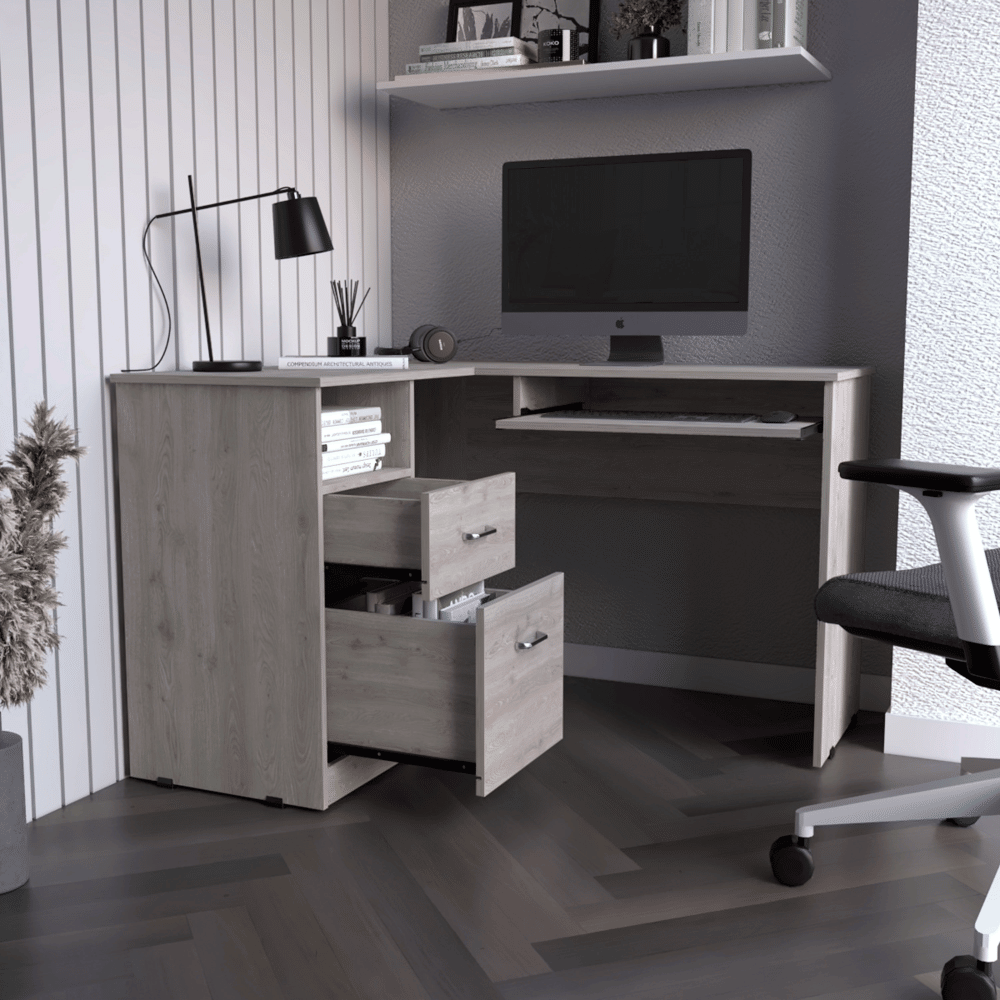 L-Shaped Desk, Keyboard Tray, Two Drawers, One Open Shelf, Light Gray image 2