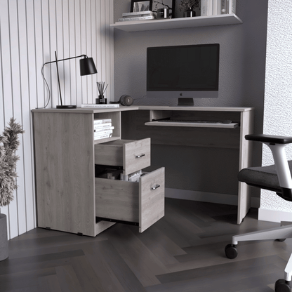 L-Shaped Desk, Keyboard Tray, Two Drawers, One Open Shelf, Light Gray image 2