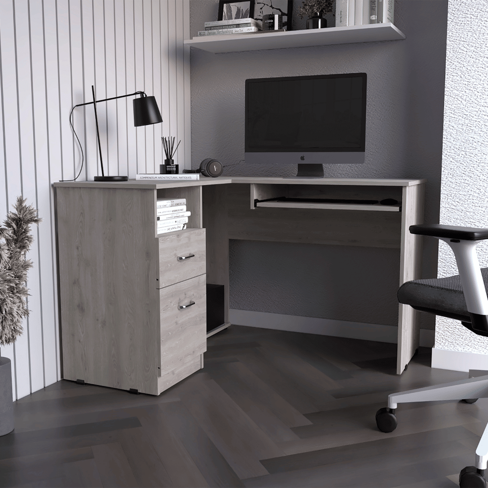 L-Shaped Desk, Keyboard Tray, Two Drawers, One Open Shelf, Light Gray image 1