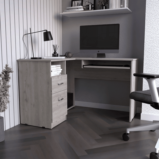 L-Shaped Desk, Keyboard Tray, Two Drawers, One Open Shelf, Light Gray image 1