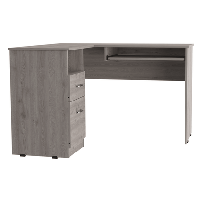 L-Shaped Desk, Keyboard Tray, Two Drawers, One Open Shelf, Light Gray image 3