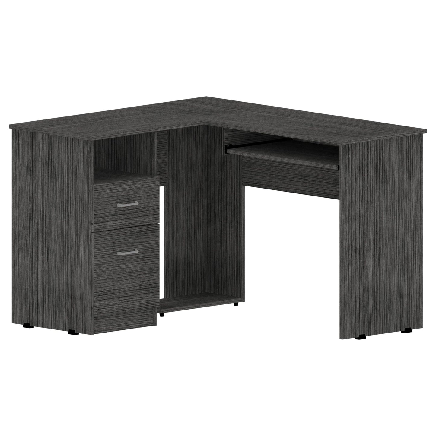 L-Shaped Desk, Keyboard Tray, Two Drawers, One Open Shelf, Smokey Oak image 3