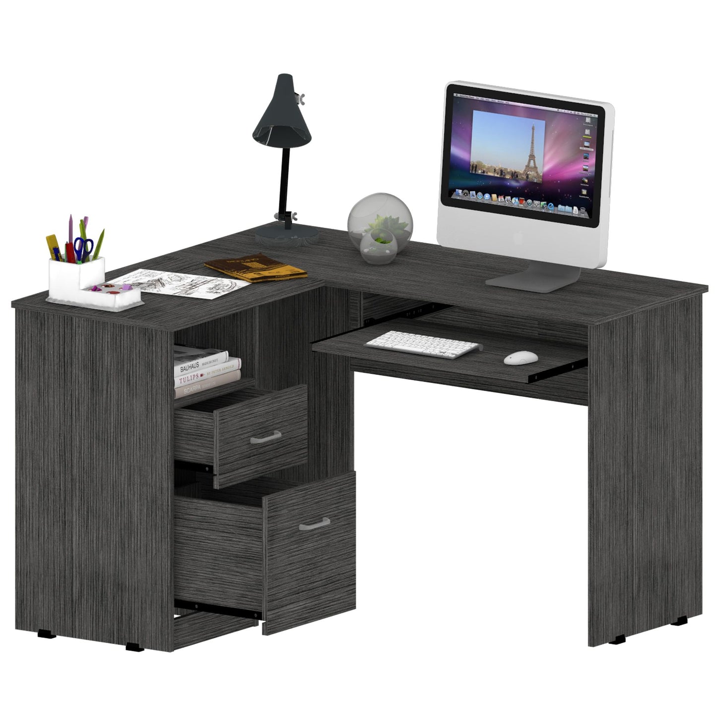 L-Shaped Desk, Keyboard Tray, Two Drawers, One Open Shelf, Smokey Oak image 4