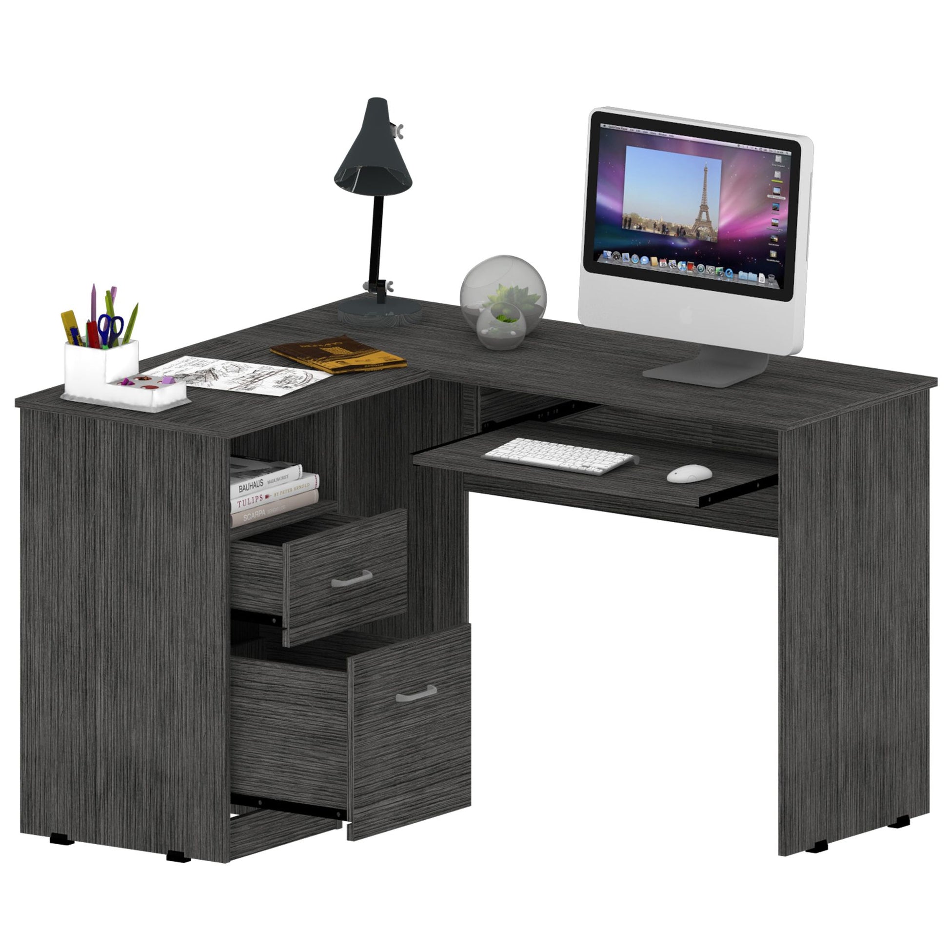 L-Shaped Desk, Keyboard Tray, Two Drawers, One Open Shelf, Smokey Oak image 4