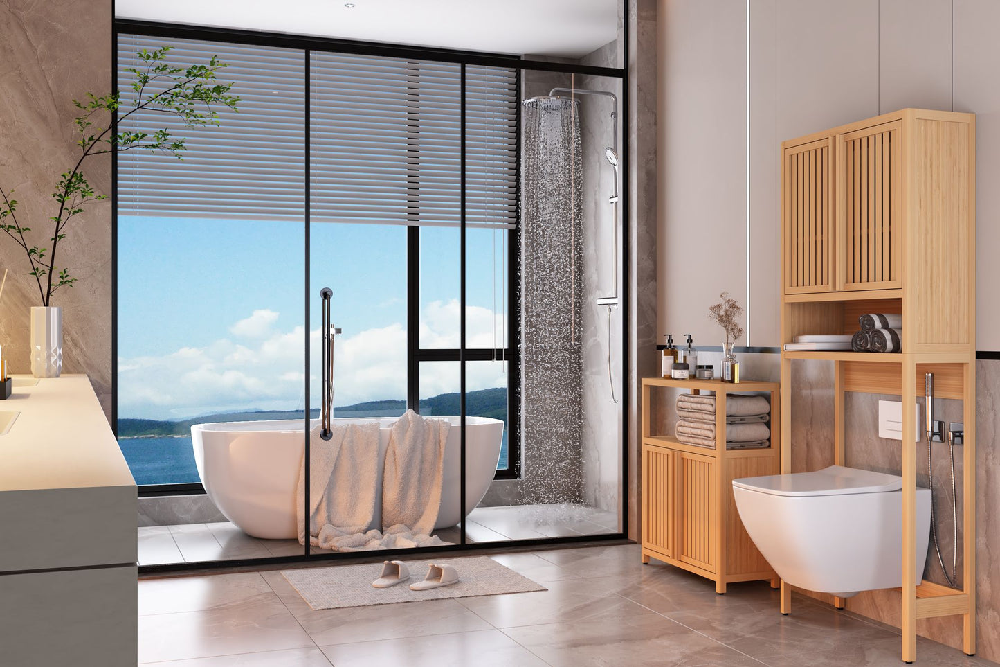 Large Capacity Bamboo Storage Cabinet Furniture for Bathroom Living Room Bathroom Bamboo Storage Cabinet With Shelves image 2