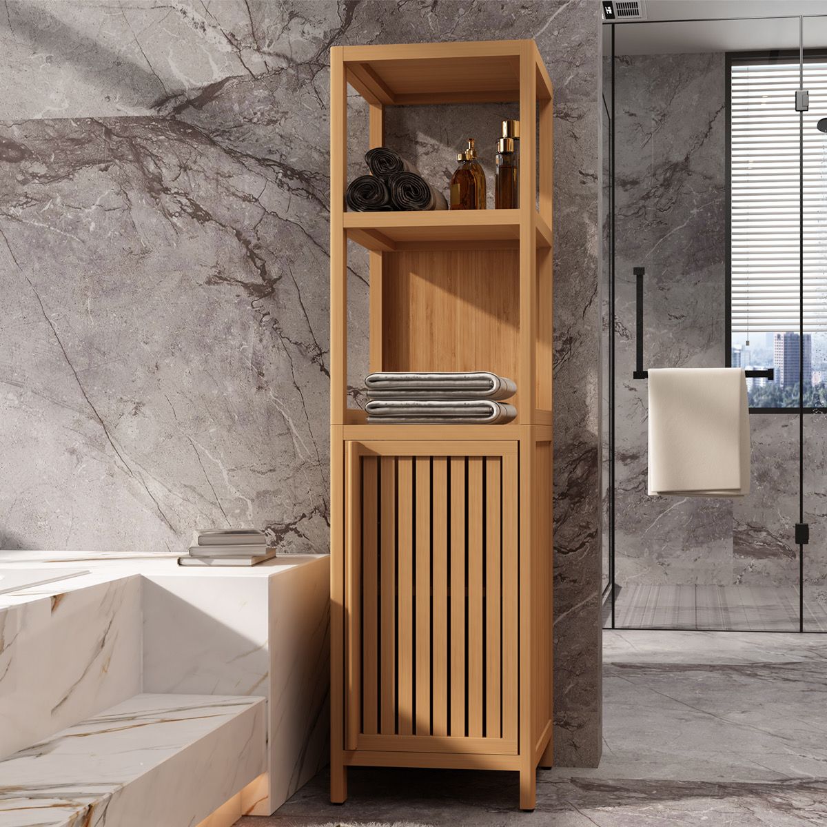 Large capacity multifunctional bamboo storage cabinet furniture for bathroom and living room image 1