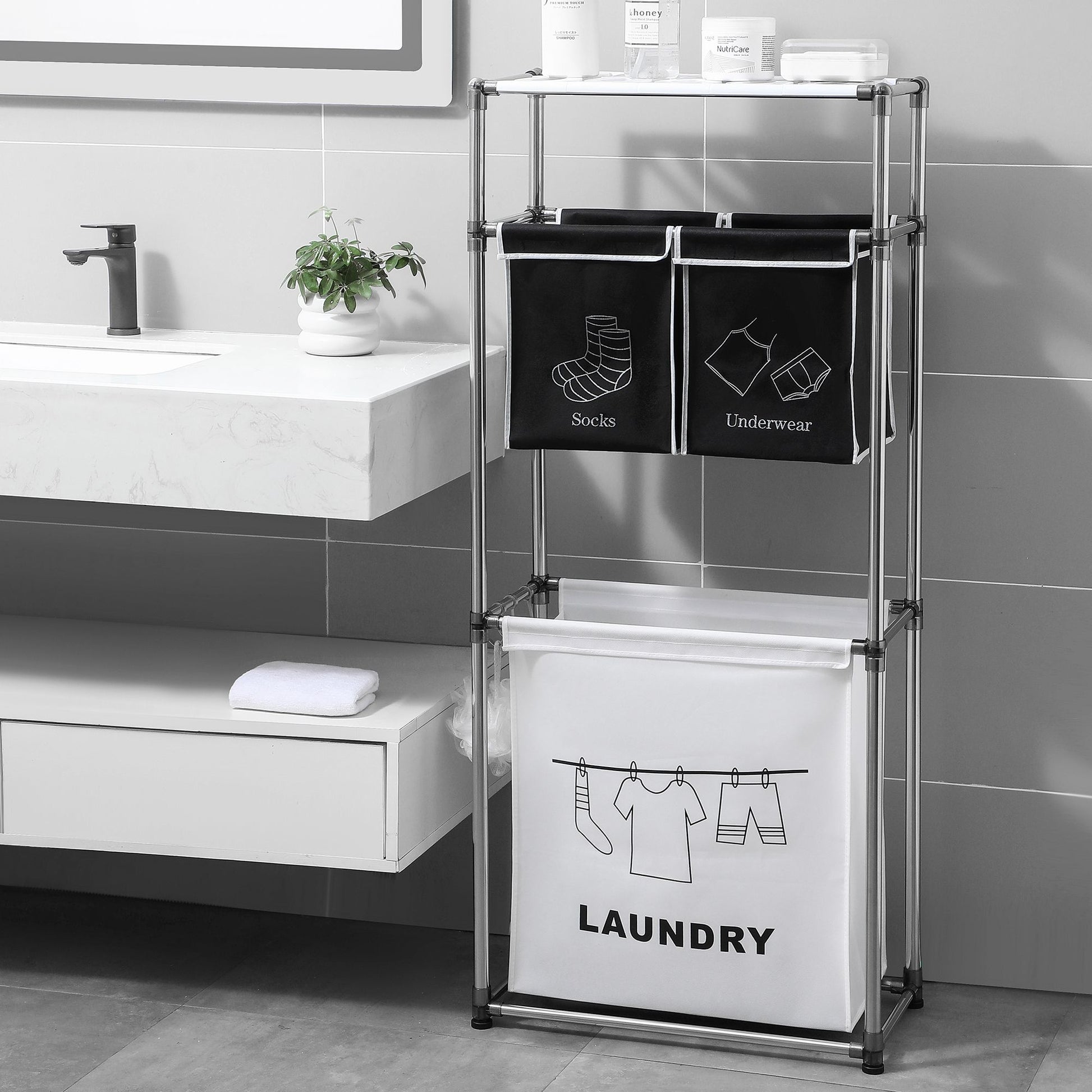 3 Tier Laundry Hamper with Metal Hooks - Hanging Towels