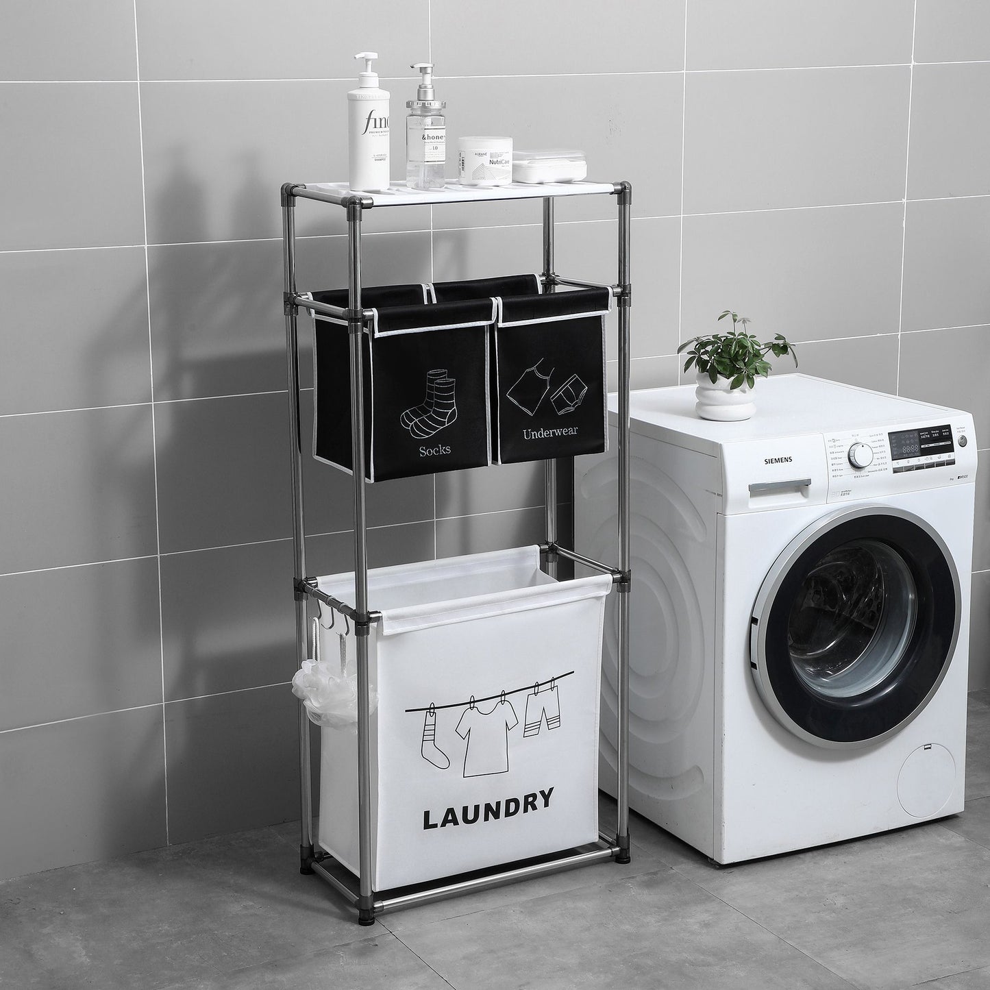 3 Tier Laundry Sorter with 4 Removable Bags - Front View