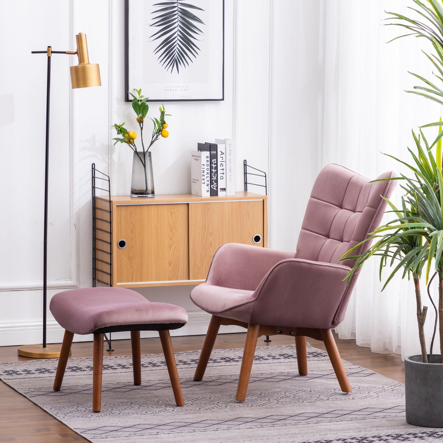 Leiria Contemporary Silky Velvet Tufted Accent Chair with Ottoman, Mauve image 2