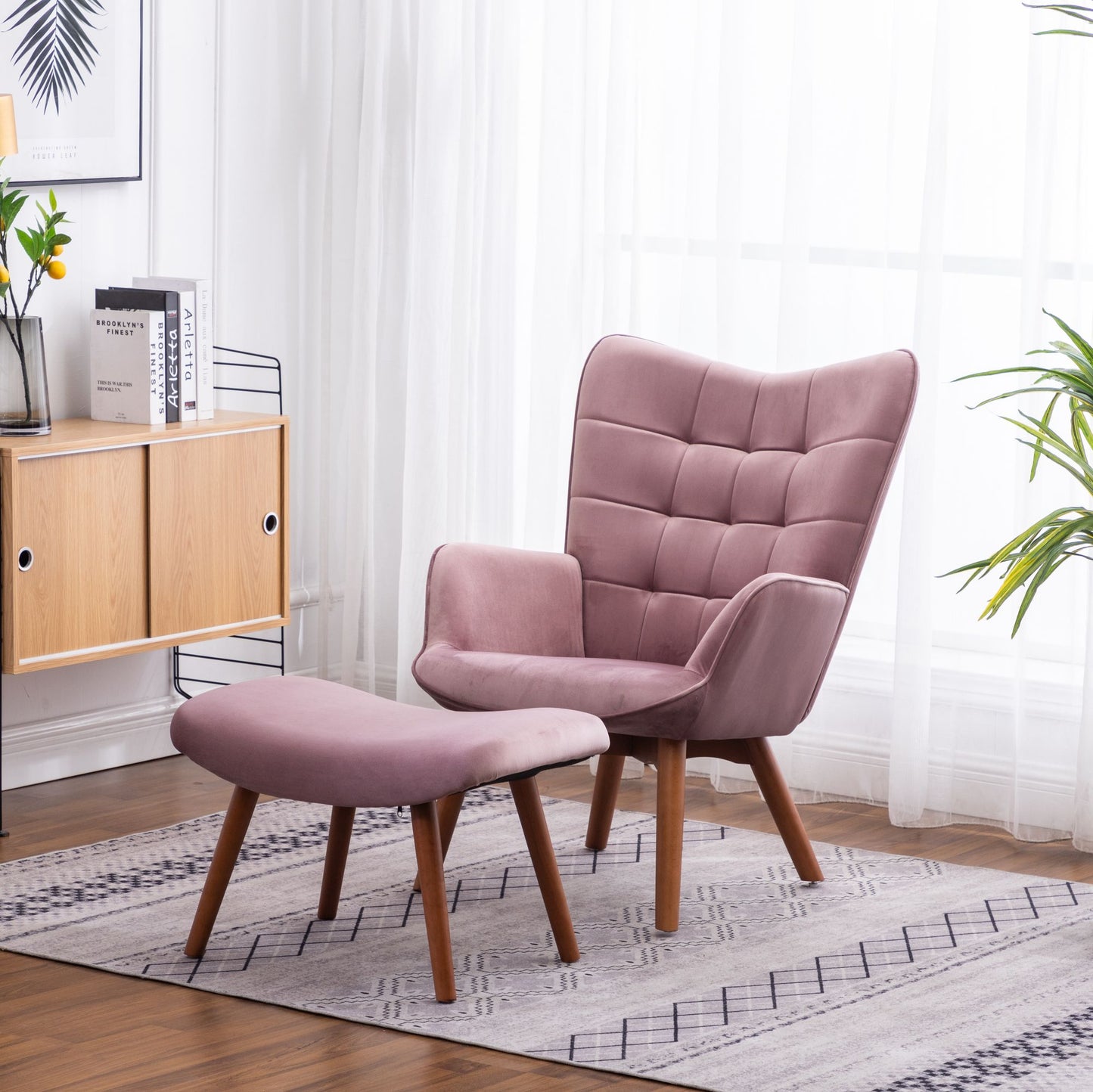 Leiria Contemporary Silky Velvet Tufted Accent Chair with Ottoman, Mauve image 1