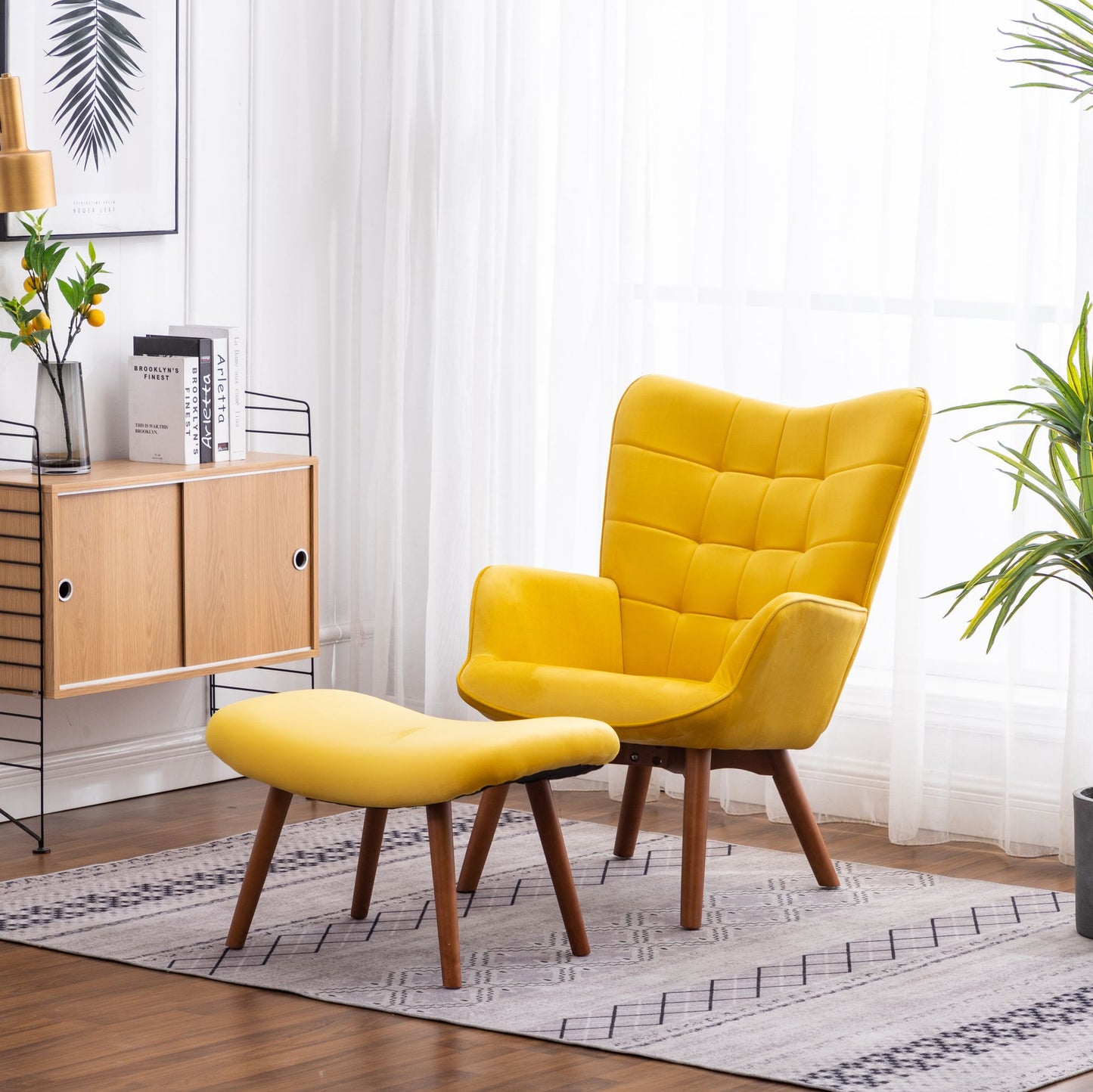 Leiria Contemporary Silky Velvet Tufted Accent Chair with Ottoman, Yellow image 1